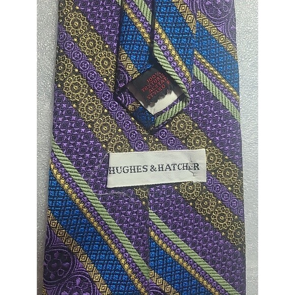 Vintage Hughes Hatcher Purple/Olive Green/Blue Stripes Tie Necktie - Picture 2 of 2
